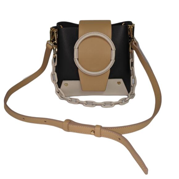 Yuzefi Delila Mini Bag Black Tan Colorblock Leather Crossbody& Chain Strap Spain - Picture 1 of 16